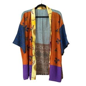 Patchwork Silk Kimono Cardigan Upcycled Recycled NWOT One Size Boho Bohemian